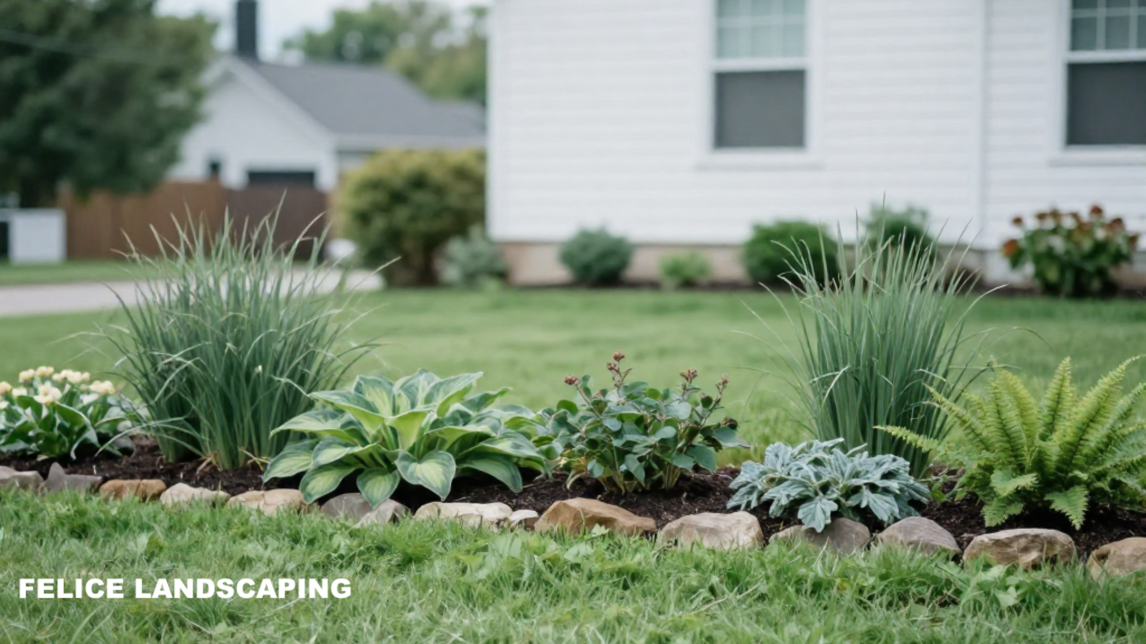 an assortment of plants in a garden in front of a house